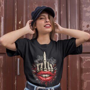 Skeleton Middle Finger Lips Graphic T Shirt โ Edgy Streetwear Skull Hand Tee